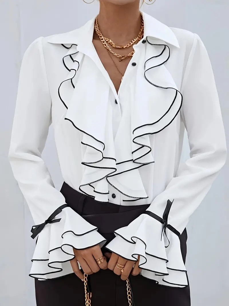 CM-TT062709 Women Casual Seoul Style Collared Contrast Flare Sleeve Ruffle Hem Blouse