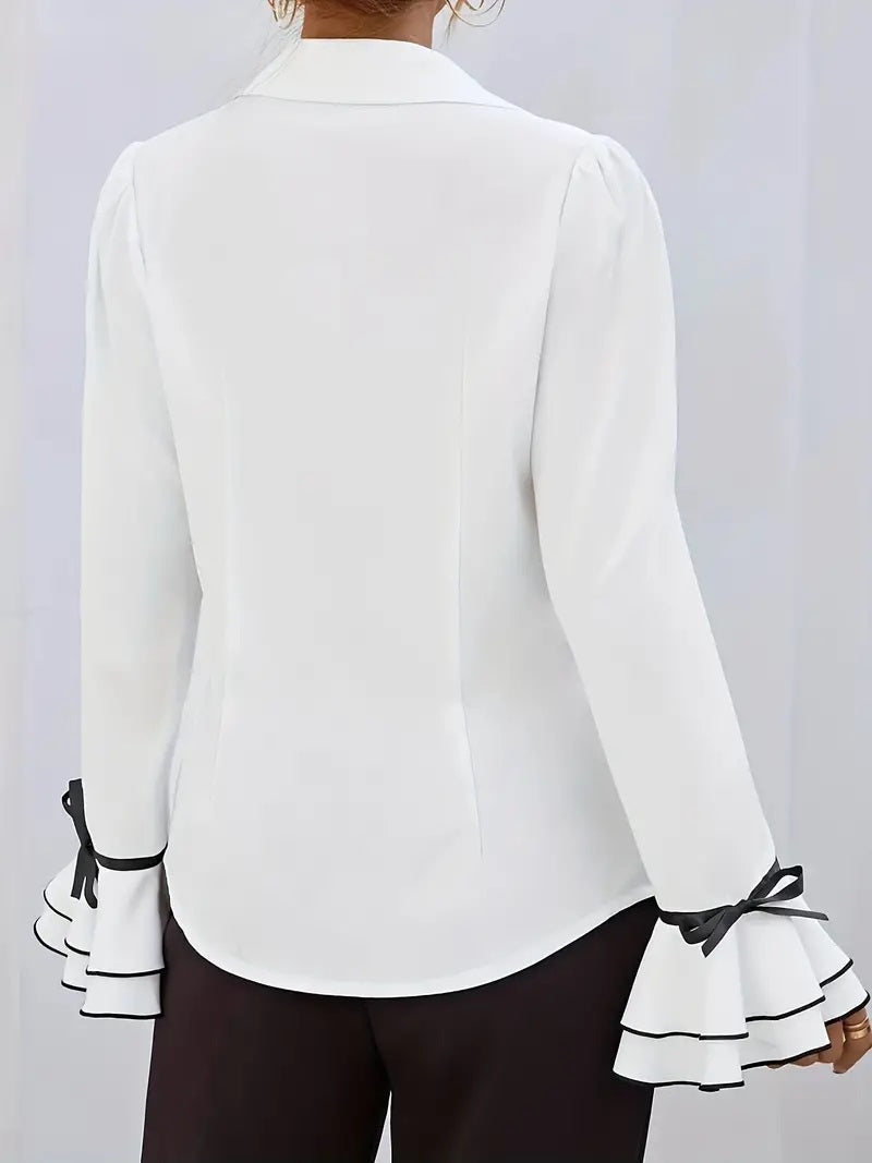 CM-TT062709 Women Casual Seoul Style Collared Contrast Flare Sleeve Ruffle Hem Blouse