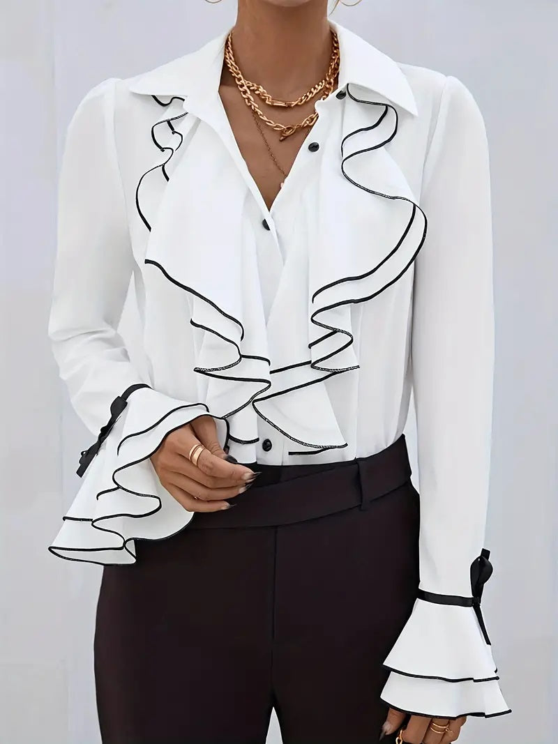 CM-TT062709 Women Casual Seoul Style Collared Contrast Flare Sleeve Ruffle Hem Blouse