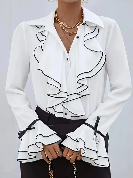 CM-TT062709 Women Casual Seoul Style Collared Contrast Flare Sleeve Ruffle Hem Blouse