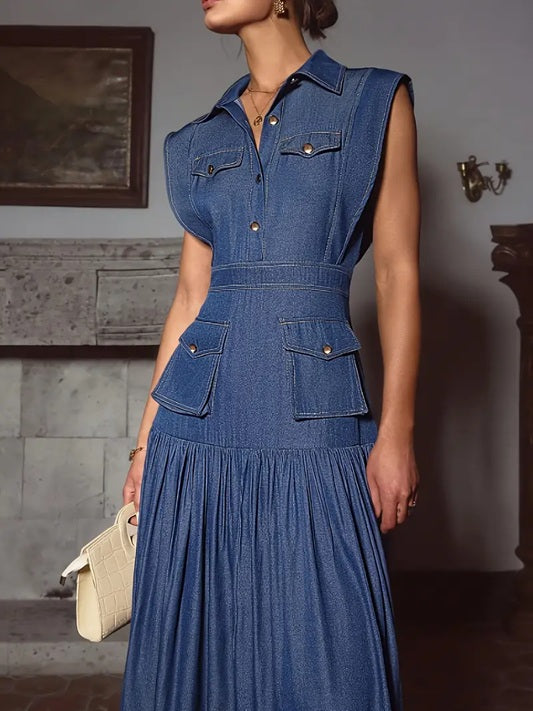 CM-DT569456 Women Elegant Seoul Style Lapel Neckline Sleeveless Long Dress - Navy Blue