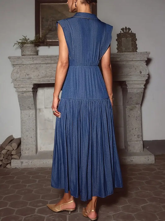 CM-DT569456 Women Elegant Seoul Style Lapel Neckline Sleeveless Long Dress - Navy Blue