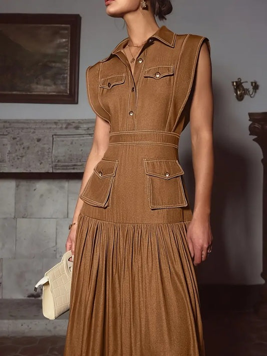 CM-DT569456 Women Elegant Seoul Style Lapel Neckline Sleeveless Long Dress - Brown