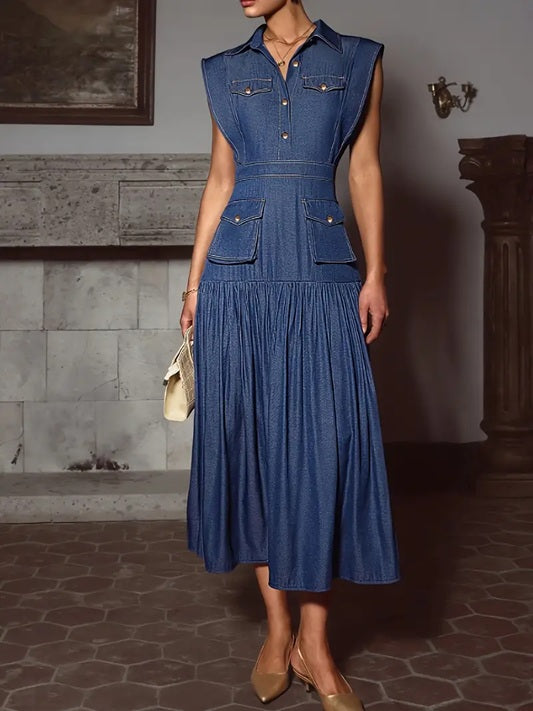 CM-DT569456 Women Elegant Seoul Style Lapel Neckline Sleeveless Long Dress - Navy Blue