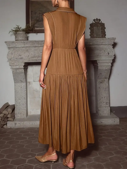 CM-DT569456 Women Elegant Seoul Style Lapel Neckline Sleeveless Long Dress - Brown