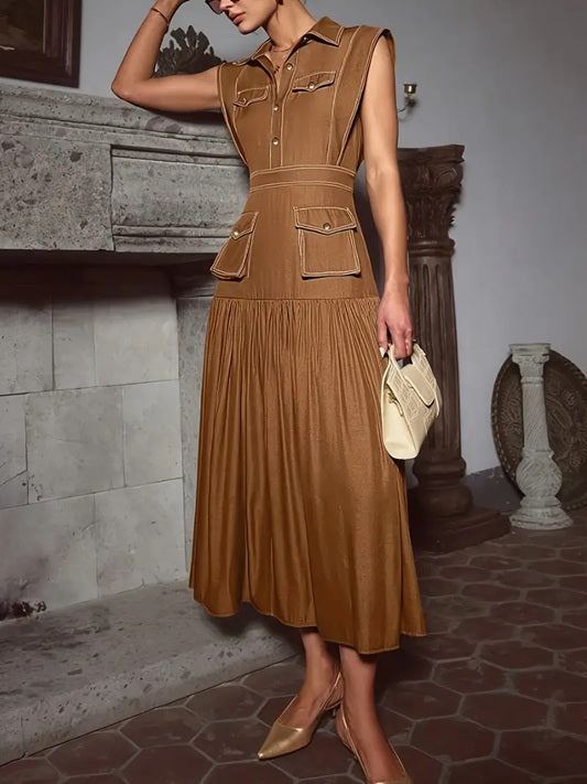 CM-DT569456 Women Elegant Seoul Style Lapel Neckline Sleeveless Long Dress - Brown