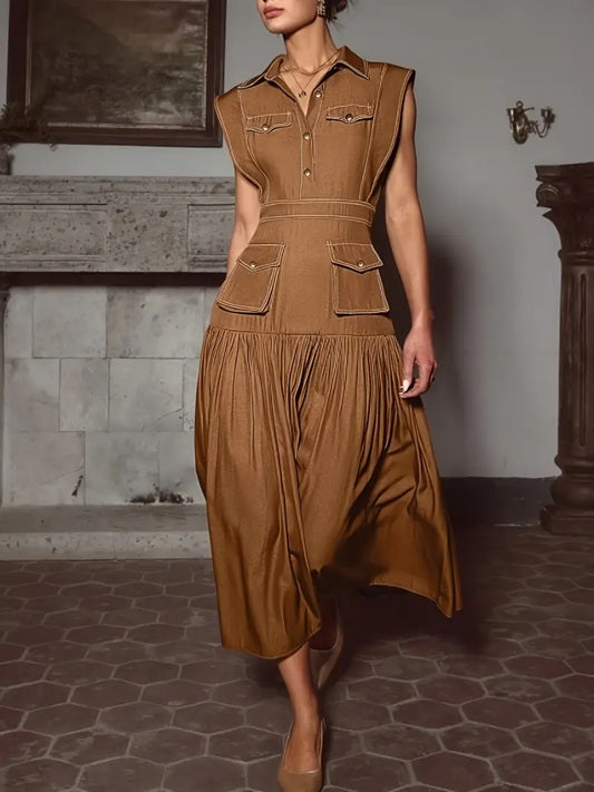 CM-DT569456 Women Elegant Seoul Style Lapel Neckline Sleeveless Long Dress - Brown