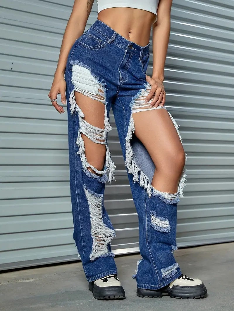 CM-BT096080 Women Casual Seoul Style Distressed Ripped Straight-Leg Denim Jeans