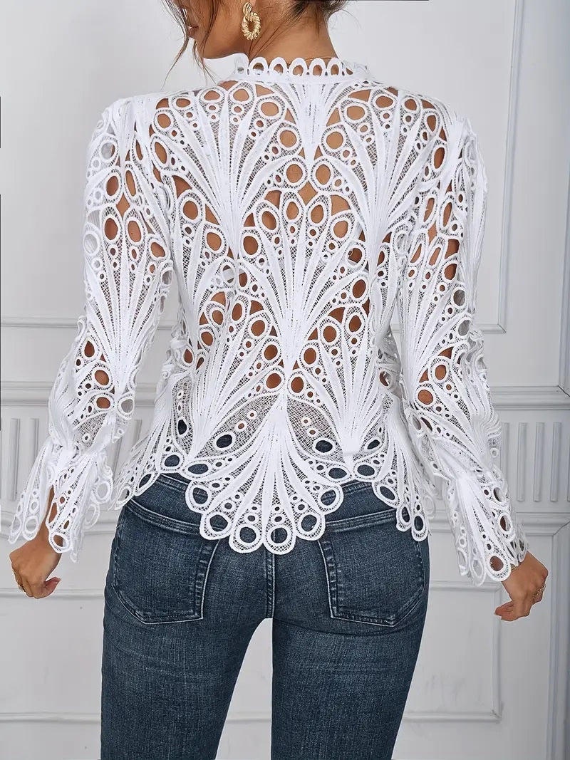 CM-TT007837 Women Trendy Bohemian Style Cut Out Asymmetrical Semi-Sheer Blouse - White