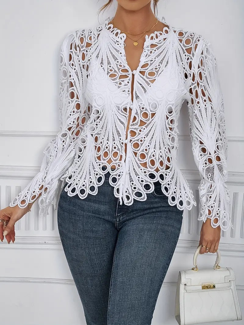 CM-TT007837 Women Trendy Bohemian Style Cut Out Asymmetrical Semi-Sheer Blouse - White