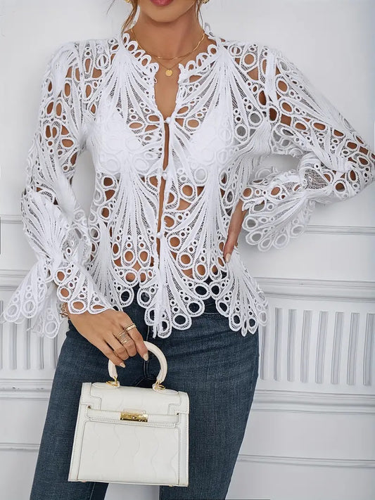 CM-TT007837 Women Trendy Bohemian Style Cut Out Asymmetrical Semi-Sheer Blouse - White