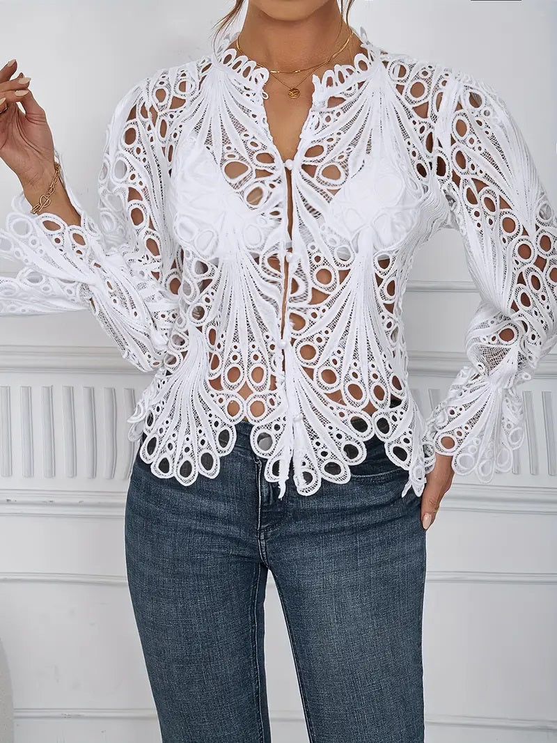 CM-TT007837 Women Trendy Bohemian Style Cut Out Asymmetrical Semi-Sheer Blouse - White