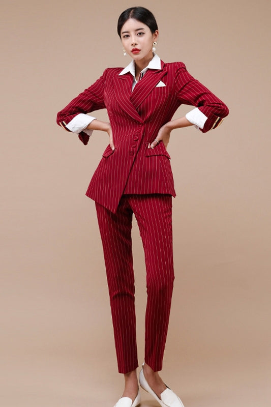 CM-SY073679 Women Elegant Seoul Style Stripe Single-Breasted Business Suit - Red