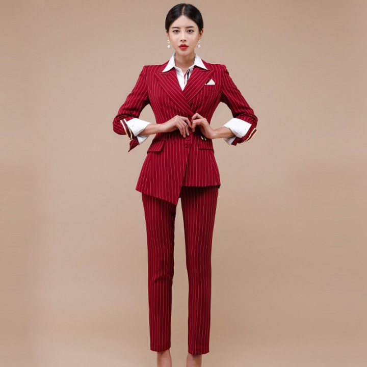 CM-SY073679 Women Elegant Seoul Style Stripe Single-Breasted Business Suit - Red