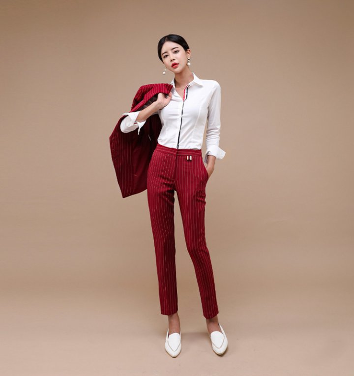 CM-SY073679 Women Elegant Seoul Style Stripe Single-Breasted Business Suit - Red