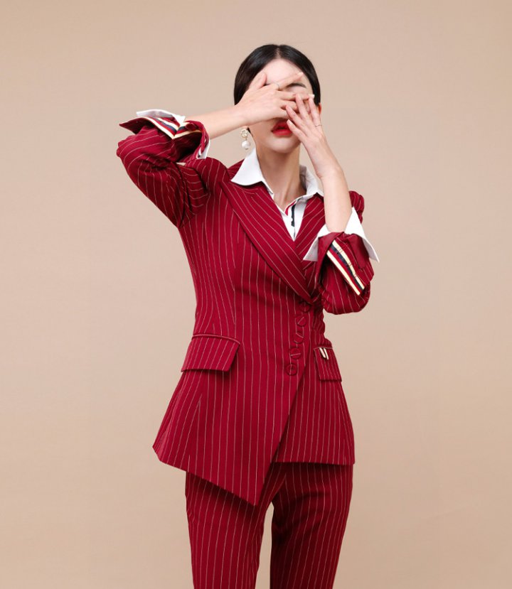 CM-SY073679 Women Elegant Seoul Style Stripe Single-Breasted Business Suit - Red