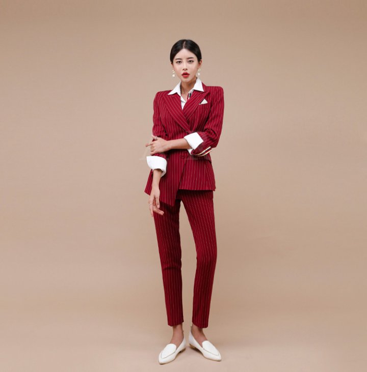 CM-SY073679 Women Elegant Seoul Style Stripe Single-Breasted Business Suit - Red