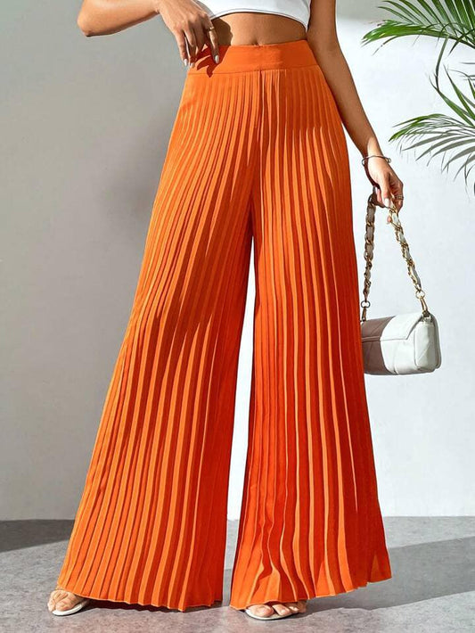 CM-BS330114 Wome Casual Seoul Stye Irregular Pleated Wavy Edge Wide Leg Pants - Orange