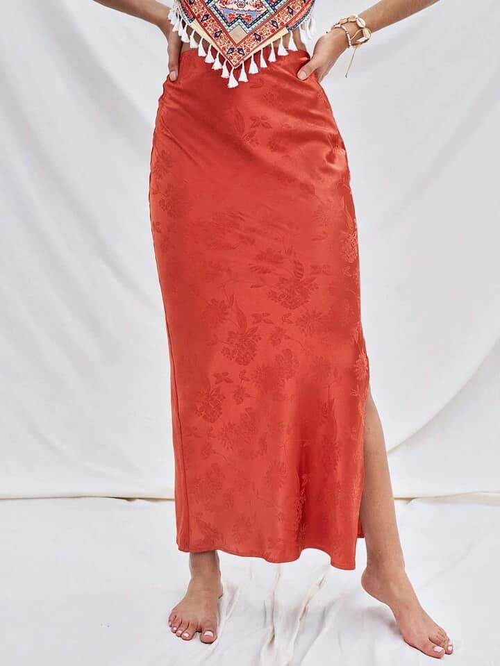 CM-BS692643 Women Trendy Bohemian Style Satin Jacquard High Side Slit Mermaid Maxi Skirt