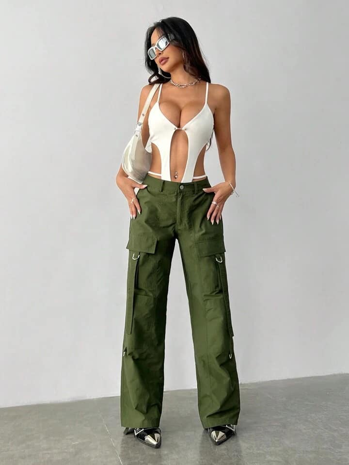 CM-BS068188 Women Casual Seoul Style Zipper Fly Button Straight Cargo Pants - Green