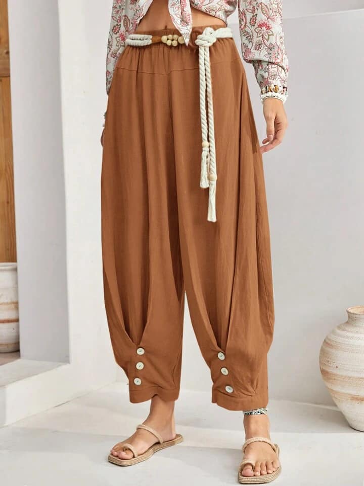 CM-BS571449 Women Trendy Bohemian Style Elastic Waist Fold Pleated Harem Pants - Brown