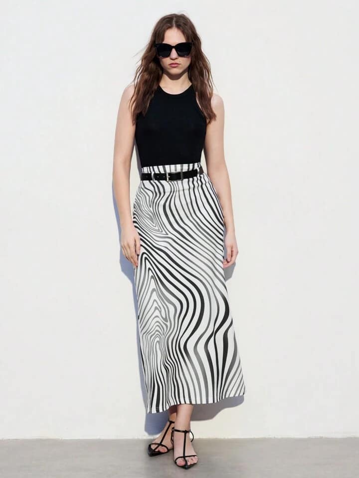 CM-BS166550 Women Casual Seoul Style High Waist Striped Asymmetrical Hem Skirt