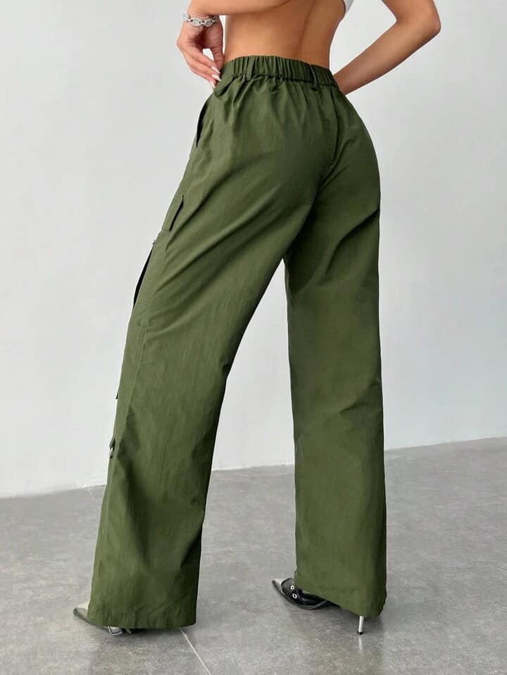 CM-BS068188 Women Casual Seoul Style Zipper Fly Button Straight Cargo Pants - Green