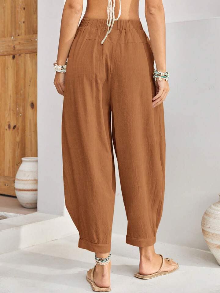 CM-BS571449 Women Trendy Bohemian Style Elastic Waist Fold Pleated Harem Pants - Brown