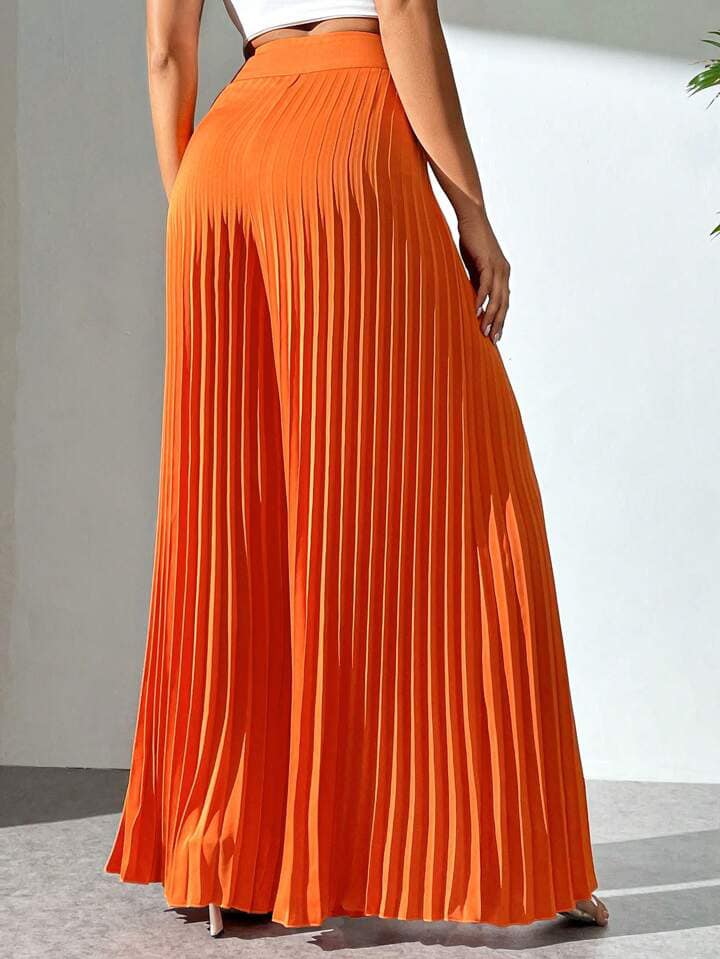 CM-BS330114 Wome Casual Seoul Stye Irregular Pleated Wavy Edge Wide Leg Pants - Orange