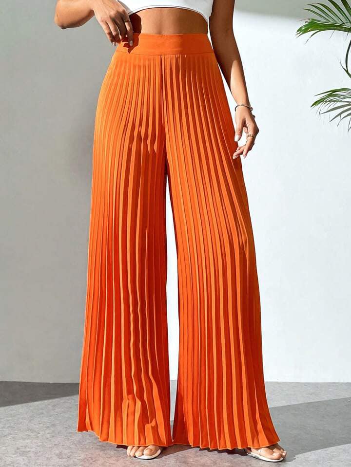 CM-BS330114 Wome Casual Seoul Stye Irregular Pleated Wavy Edge Wide Leg Pants - Orange