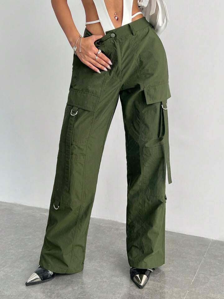 CM-BS068188 Women Casual Seoul Style Zipper Fly Button Straight Cargo Pants - Green