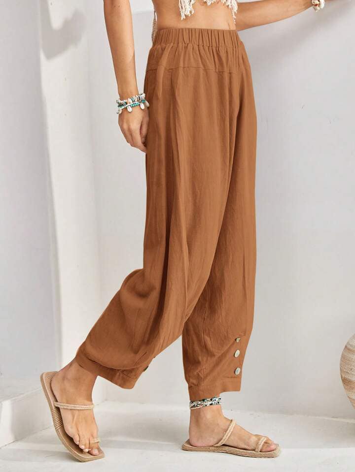 CM-BS571449 Women Trendy Bohemian Style Elastic Waist Fold Pleated Harem Pants - Brown