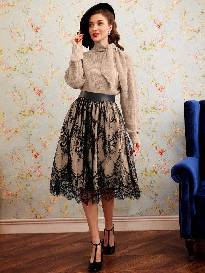 CM-BS958528 Women Elegant Seoul Style Ultra High Waisted Lace Splicing Umbrella Skirt - Khaki