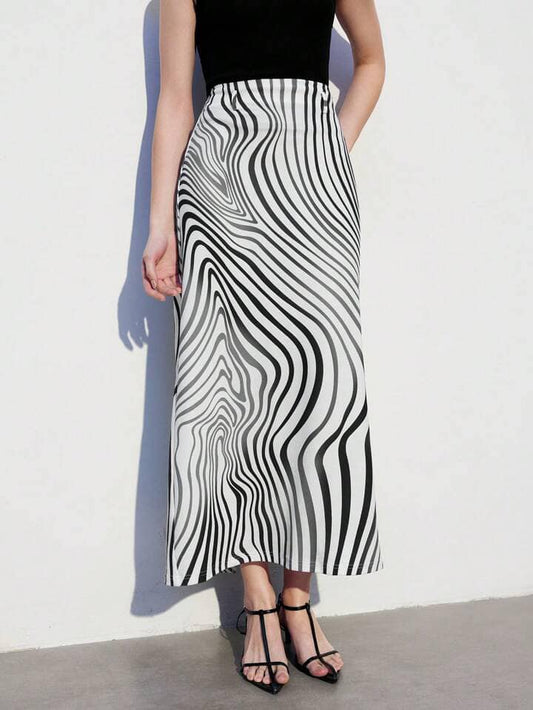 CM-BS166550 Women Casual Seoul Style High Waist Striped Asymmetrical Hem Skirt