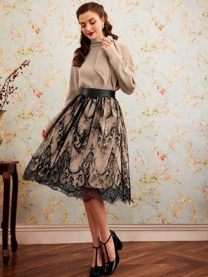 CM-BS958528 Women Elegant Seoul Style Ultra High Waisted Lace Splicing Umbrella Skirt - Khaki