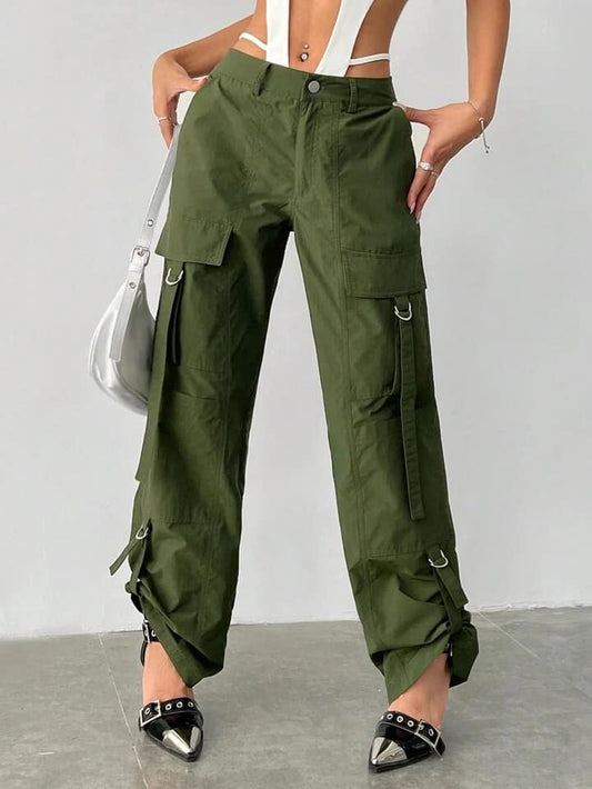 CM-BS068188 Women Casual Seoul Style Zipper Fly Button Straight Cargo Pants - Green