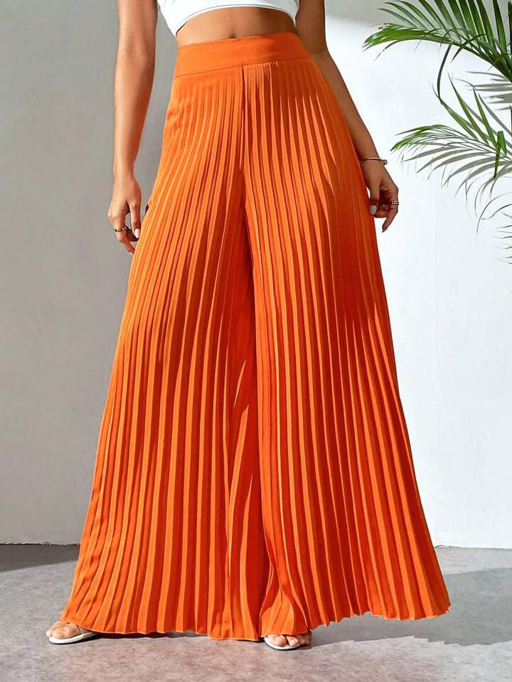 CM-BS330114 Wome Casual Seoul Stye Irregular Pleated Wavy Edge Wide Leg Pants - Orange