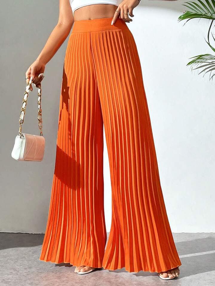 CM-BS330114 Wome Casual Seoul Stye Irregular Pleated Wavy Edge Wide Leg Pants - Orange