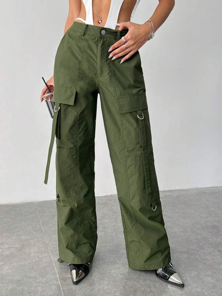 CM-BS068188 Women Casual Seoul Style Zipper Fly Button Straight Cargo Pants - Green