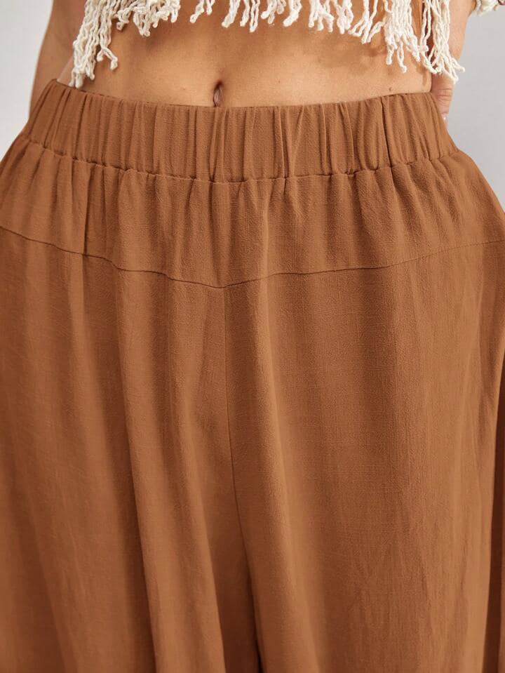 CM-BS571449 Women Trendy Bohemian Style Elastic Waist Fold Pleated Harem Pants - Brown