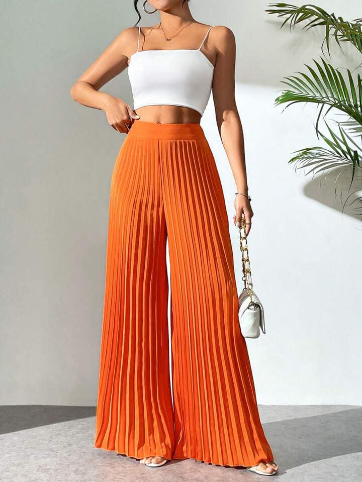 CM-BS330114 Wome Casual Seoul Stye Irregular Pleated Wavy Edge Wide Leg Pants - Orange