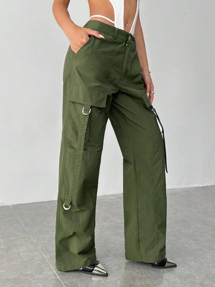 CM-BS068188 Women Casual Seoul Style Zipper Fly Button Straight Cargo Pants - Green