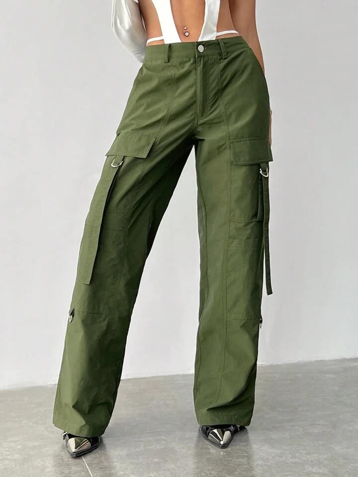 CM-BS068188 Women Casual Seoul Style Zipper Fly Button Straight Cargo Pants - Green