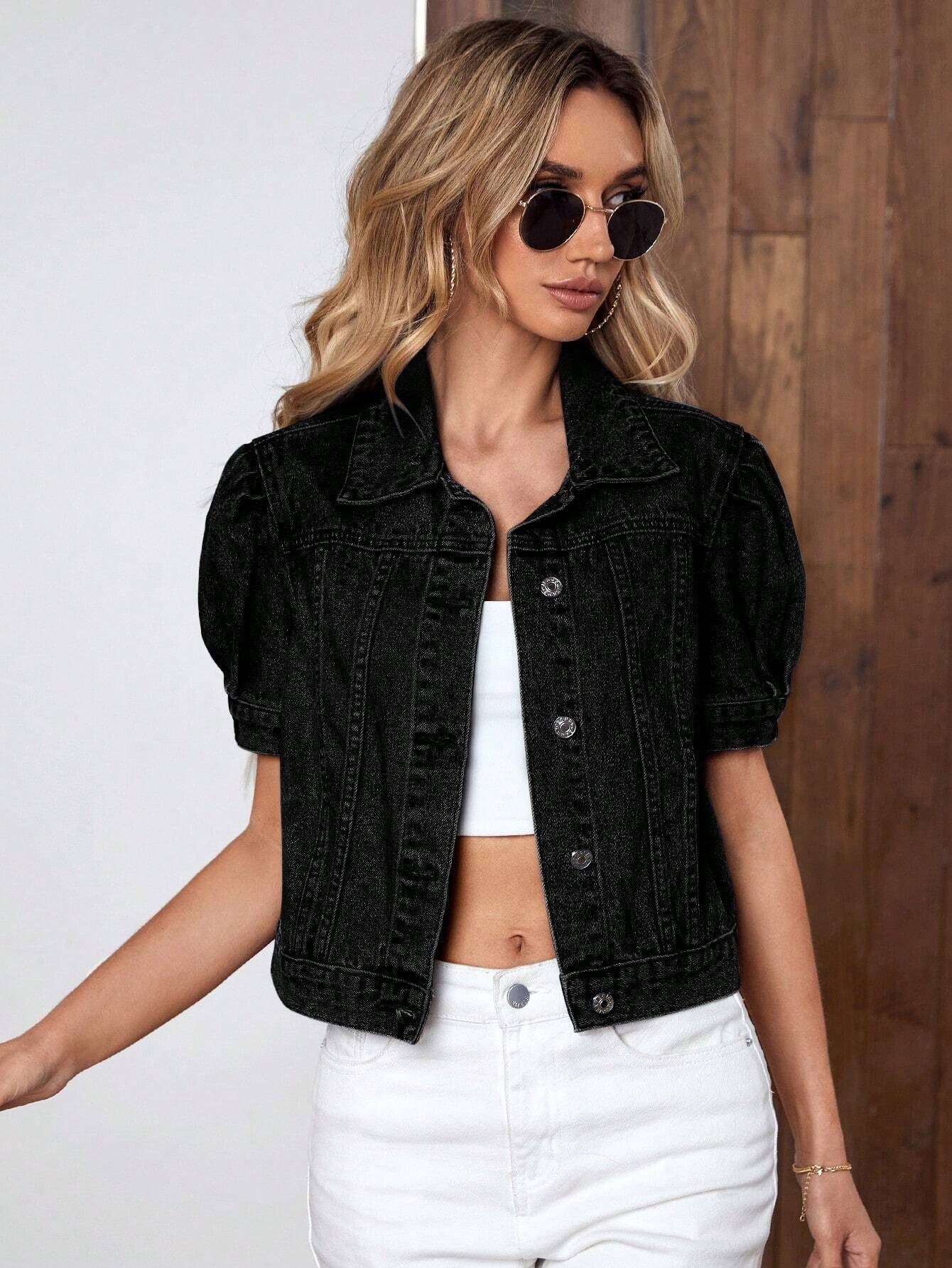 CM-CS351118 Women Casual Seoul Style Puff Sleeve Button Front Denim Jacket - Black