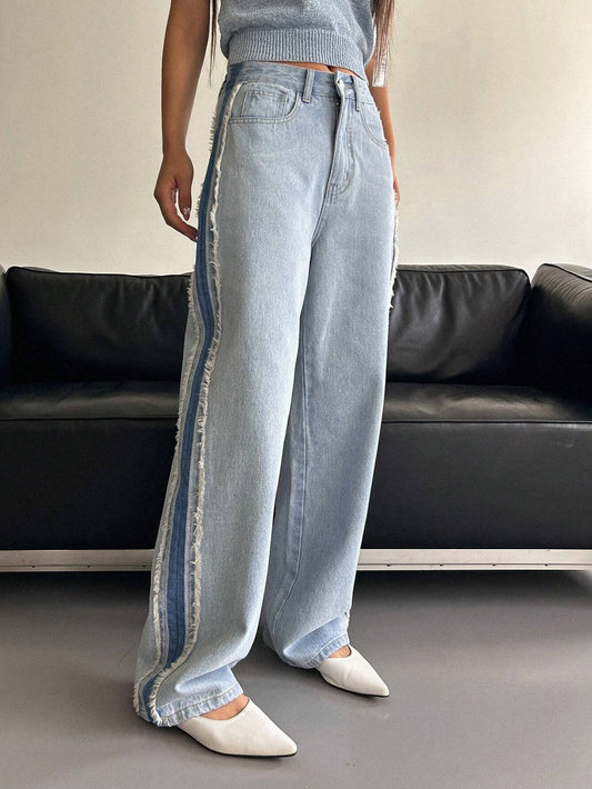 CM-BS152327 Women Preppy Seoul Style High Waist Contrast Side Seam Straight Leg Jeans