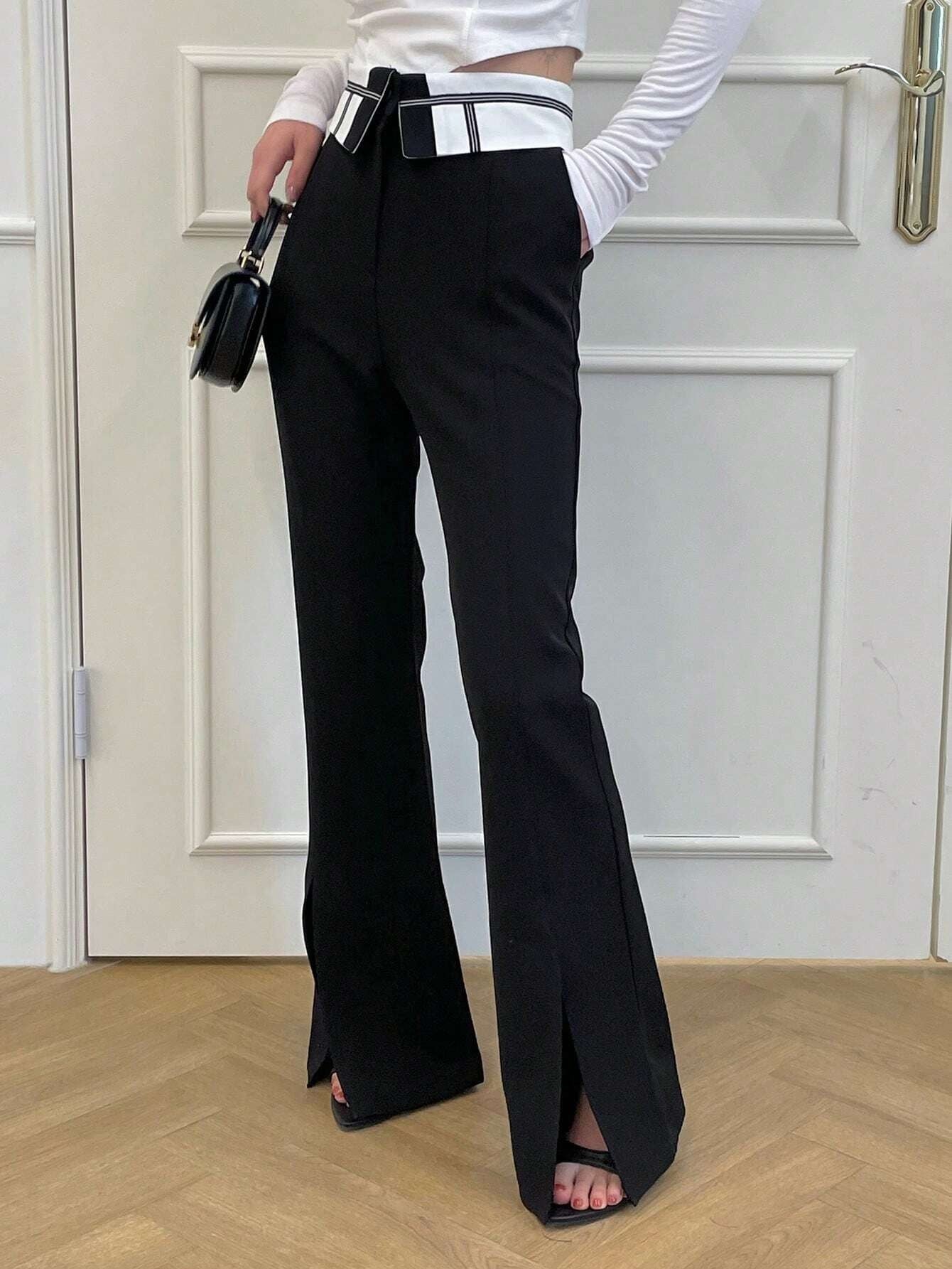 CM-BS204194 Women Elegant Seoul Style Contrast Waist Split Hem Flare Leg Pants - Black