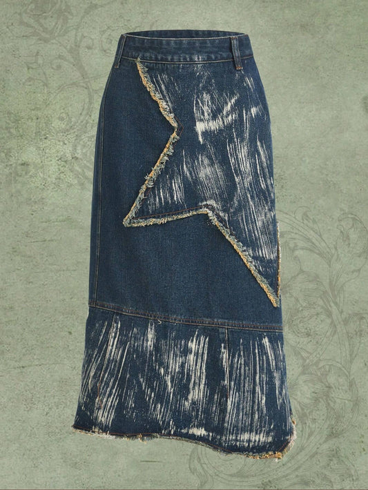 CM-BS984084 Women Casual Seoul Style Dark Wash Star Pattern Raw Trim Denim Skirt
