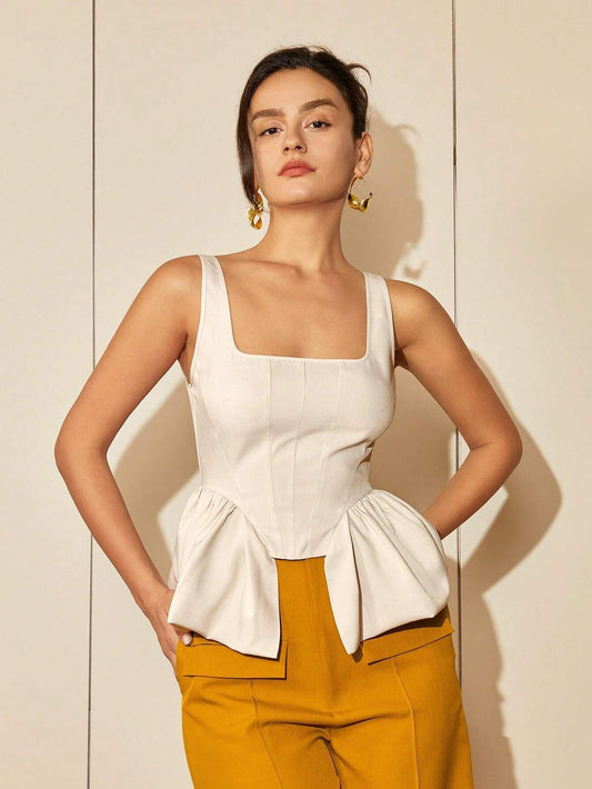 CM-TS657161 Women Casual Seoul Style Square Neck Asymmetrical Hem Top - Beige