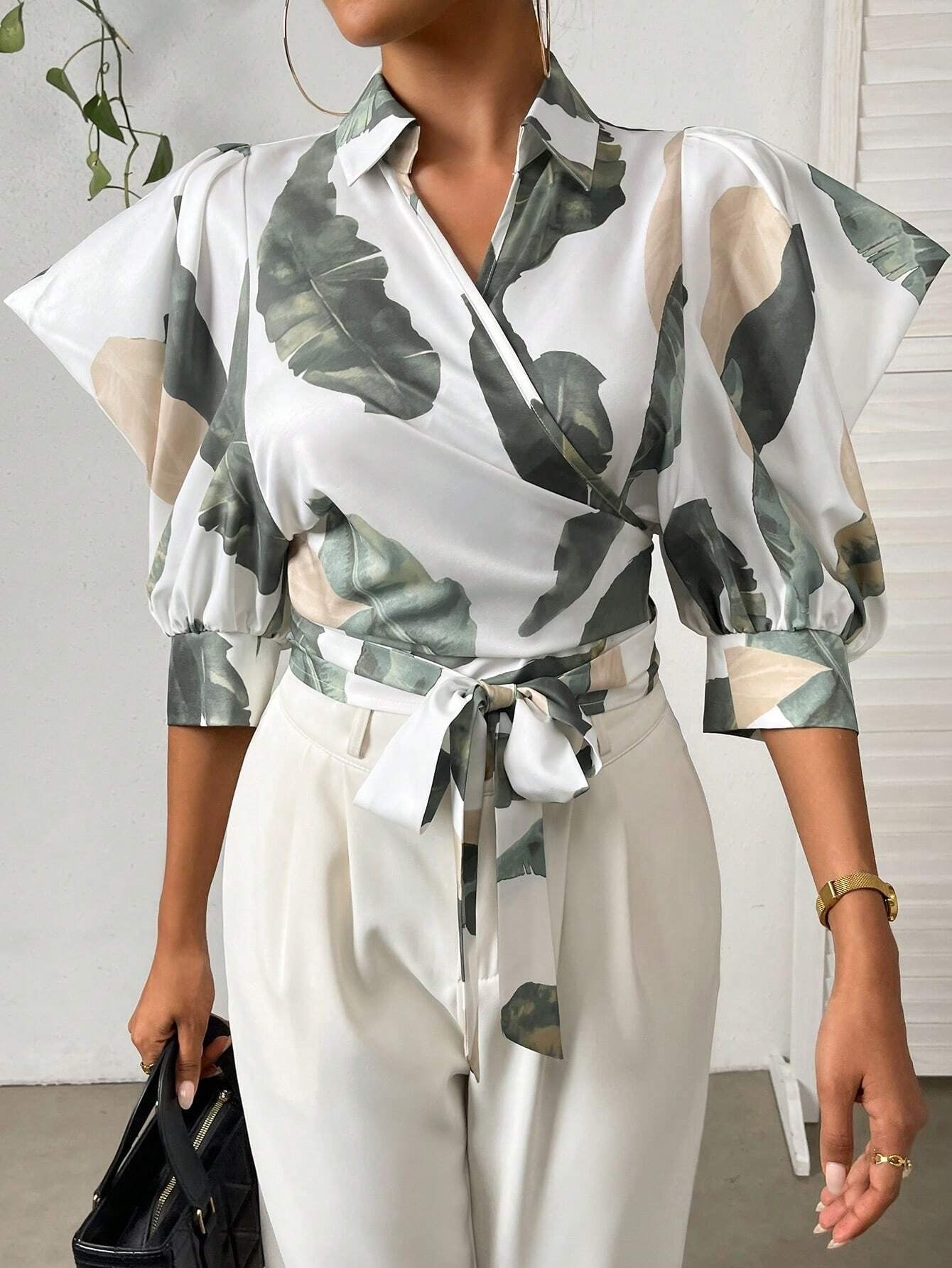 CM-TS885505 Women Casual Seoul Style Tropical Print Knot Side Wrap Detail Blouse - White