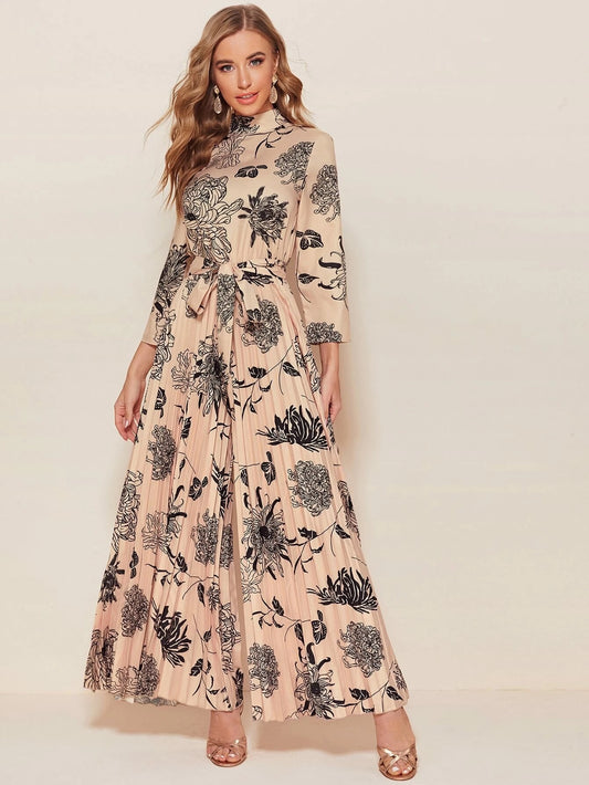 CM-JS420186 Women Trendy Bohemian Style Mock-Neck Self Belted Wide Leg Pleated Floral Jumpsuit